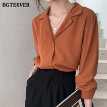 BGTEEVER 우아한 노치 칼라 여성 블라우스 셔츠 긴 소매 사무실 착용 싱글 브레스트 쉬폰 여름