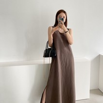 브이와이 여자 나시 민소매 옆트임 A라인 린넨 마원단 롱원피스