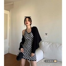 핫걸 바둑판 홀터넥 원피스 여 이른 봄 슬림 이너웨어 힙 스커트