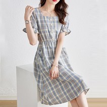 체크 원피스 기질 슬림 조임 프릴 하프 스퀘어넥 반팔 스커트
