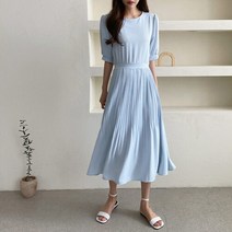 여자 허리 리본 플리츠 파스텔 반팔 정장 롱원피스