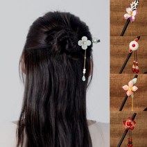 [2개] 연화 머리핀 천연 흑단 옥 꽃 머리 꽂 비녀