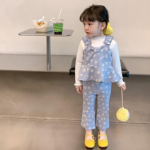 돌 아기 유아 아동 키즈 여자 아이 봄 가을 간절기 하객 촬영 생일 파티 자매룩 둥이룩 하늘색 꽃무늬 체크 민소매 리본 멜빵 뷔스티에 나팔 바지 부츠컷 팬츠 상하 세트 오늘 출발