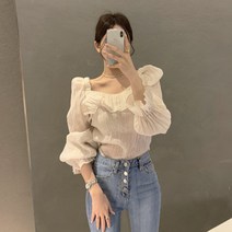 [레티고] 여성 긴팔 셔링 플레어 루즈 블라우스 셔츠