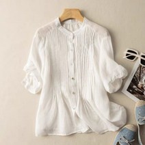 플리츠 블라우스 셔츠 봄 여름 코튼 린넨 여성 라운드넥 싱글