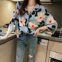 빅사이즈 여성 루즈핏 하와이안 7부 소매 꽃무늬 반팔 셔츠 블라우스