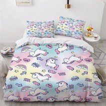 극세사 이불 만화 유니콘 커버 꽃 침구 세트 마이크로파이버 플라잉 말 커버 남아/여아 침실 장식용 전체 퀸, 173x218cm 2개, 10