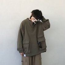 2022 가을 남성 아메리칸 레트로 루즈한 풀오버 트렌드 솔리드 컬러 하프 오픈 칼라 풀오버 탑