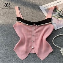 잠수복 웻슈트 다이빙슈트 SINGREINY 진주 디자인 패션 니트 캐미 여성 등이없는 슬림 아웃웨어 짧은 탑 민소매 달콤한 여름 캐미솔