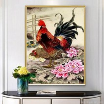 닭 모란 꽃 재물운 그림 인테리어 만들기 보석십자수 재료 세트, 60X80CM