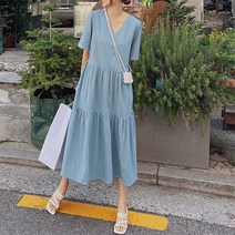 로로텐 캉캉 셔링 A라인 퍼프소매 무지 브이넥 반팔 롱 원피스