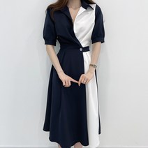 Crzen 여자 셔츠 반팔 원피스 칼라 버튼 조거 통근 롱 원피스 23N3