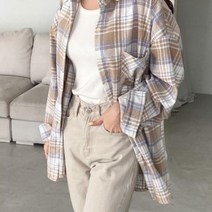 [바보사랑] 여자 박시 체크 힙커버 면남방 긴팔 셔츠[옷자락]