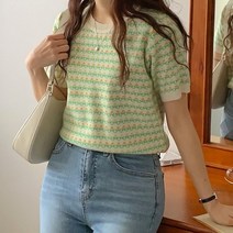 여성 토니스 쇼무닛 라운드넥 패턴 반팔 니트.디작소