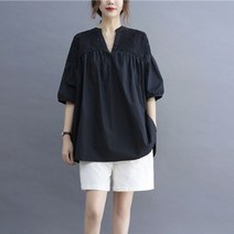 여성 생활한복 퓨전 절복 법복 오버핏 브이넥 셔츠 레이스 패치 블랙