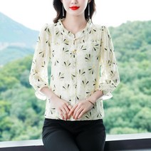 봄 구부소매 자가드 쉬폰 상의 스타일리쉬한 코디 여성 스트랩 프린트 풀오버