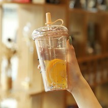 420ml Ins 버블 티 컵 반짝이 물병 이중 레이어 휴대용 텀블러 빨대 플라스틱 커피 뚜껑 누수 방지 컵, 05 Khaki_01 320ml