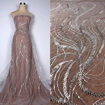 Laellezalady 핫 실버 스팽글 비즈 웨딩 드레스 레이스 원단 가운 5야드, Silver-mj2301