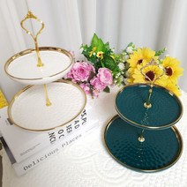 샤론 골드 도자기 2단 디저트접시 케이크 트레이 파티접시 홈카페 플레이트, 터키쉬블루