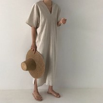 홍공장 루즈핏 린넨 여름 브이넥 롱원피스
