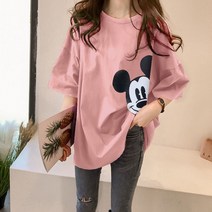 여름 여성 미키 하프 티셔츠 반팔 오버핏 라운드티