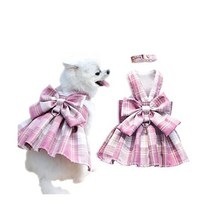 Aimondow 845461 귀여운 강아지 드레스 소형견 고양이 격자 무늬 하네스 목줄 세트 봄 여름 소녀 공주 개 나비 넥타이 의상 요키 치와와 옷 결혼식 축제 일상용, Medium, 핑크