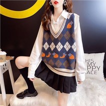 위위브렌 여성 캐주얼 아가일 브이넥 니트 베스트 조끼