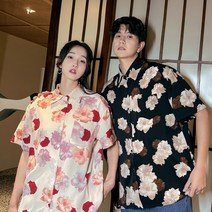 신혼여행 커플룩 허니문 원피스 커플티 휴양지 바캉스 시밀러룩 출장 하와이 반팔 셔츠 커플 여름 복고풍 자카드 해변 사진 커플 느슨한 큰 꽃 셔츠