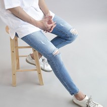 디벨로 남성용 스판 빈티지 슬림 일자 9부 찢청 바지