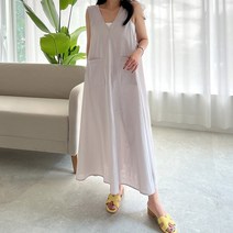 네모엔룩 여성용 투포켓 린넨 브이넥 루즈핏 빅사이즈 레이어드 민소매 롱 원피스