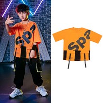 공연복 비보이 남여아동 힙합 개성 멋진 패션쇼 HIPHOP 댄스 유행복 여름 2699211200, 110, 단건 845 귤 색티셔츠