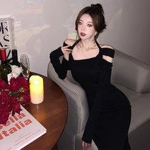 블링블링 홀터넥 오프숄더 타이트 블랙 롱 원피스 여