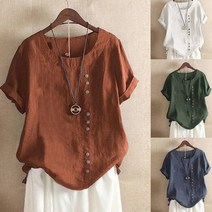 스타일아유 여자 여름 편안한 린넨 티셔츠 라운드 버튼 블라우스