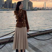 여성 레트로 유럽풍 드라마패션 셀럽 베이지 정장 재킷 플리츠 롱스커트 송혜교 투피스 벨트 세트