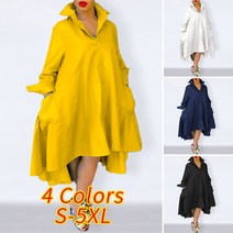 여성 패션 솔리드 컬러 플리츠 헐렁한 드레스 옷깃 칼라 버튼 셔츠 비대칭 밑단 셔츠 원피스 롱원피스
