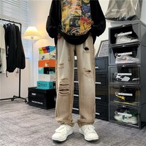 일자 9부 팬츠 고가 워싱 구제 대미지 그라데이션 데님 바지남자 스트레이트핏 클래식 와이드 루즈핏 4993334069