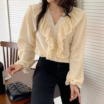 라라벨 여성용 블라우스 브이넥 레이스 프릴 포인트 러블리 로맨틱 블라우스