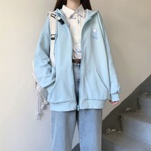 오버사이즈후드티 카와이 만화 토끼 프린트 지퍼 스카이 루즈한 스위트 일본 가을 포켓 재킷