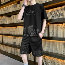 실버 반팔 티셔츠 남자 여름 아이스 스포츠 세트 남자 트렌드 멋 루즈핏 반팔 남성복 캐주얼 5 부 바지 학생 세트 얇은 상의 반바지 옷 한 벌 흰색 M