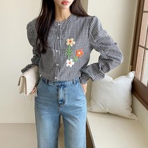 여자 자수 플라워 체크 노카라 블라우스