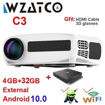 WZATCO-C3 LED 프로젝터 안드로이드 10.0 300 인치, C3 add OS 32G