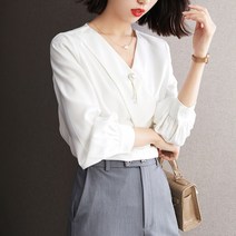 오버클래쓰 여성 브이넥 루즈핏 기본 단색 블라우스 오피스룩