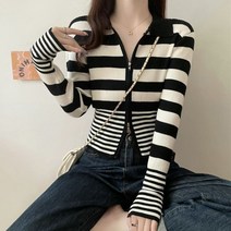 마쿠쿠 투웨이 단가라 여성 스트라이프 카라 긴팔 니트 크롭 집업 가디건 카디건