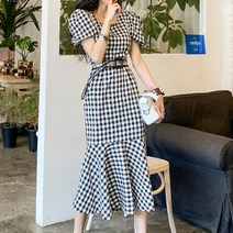 잇츠스타일 새로운 슬림 버블 슬리브 스퀘어 체크 머메이드 원피스