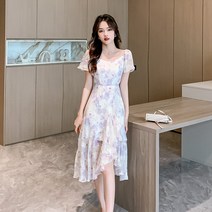 2023 러플 퍼플 꽃무늬 드레스 여성용 여름 쉬폰 슬림 기질 중간 길이 A 라인 스커트