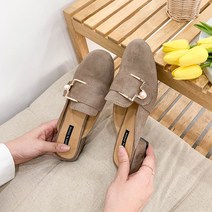 발편한 진주 버클 베이지 스웨이드 뮬 슬리퍼 4cm 여성 블로퍼