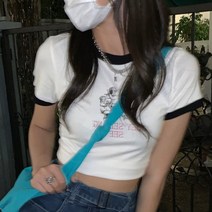 여성 반팔티 티셔츠 슬림 핏 반소매 여자반팔티셔츠 크롭 T 스퀘어 넥 인박카006