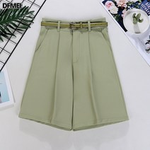 Baiwife 분위기 정장 5부 팬츠 여에 벨트 여름 슬림핏 와이드핏 캐주얼 팬츠 일자 와이드 반바지