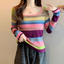 스타일아유 슬림 가을 겨울 골지 니트티 배색 단가라 스트라이프 니트