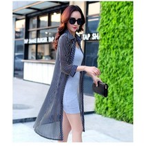 여성 스트라이프 셔츠 블라우스 롱 여름 비치 체크 루즈핏 칠부 쉬폰 가디건